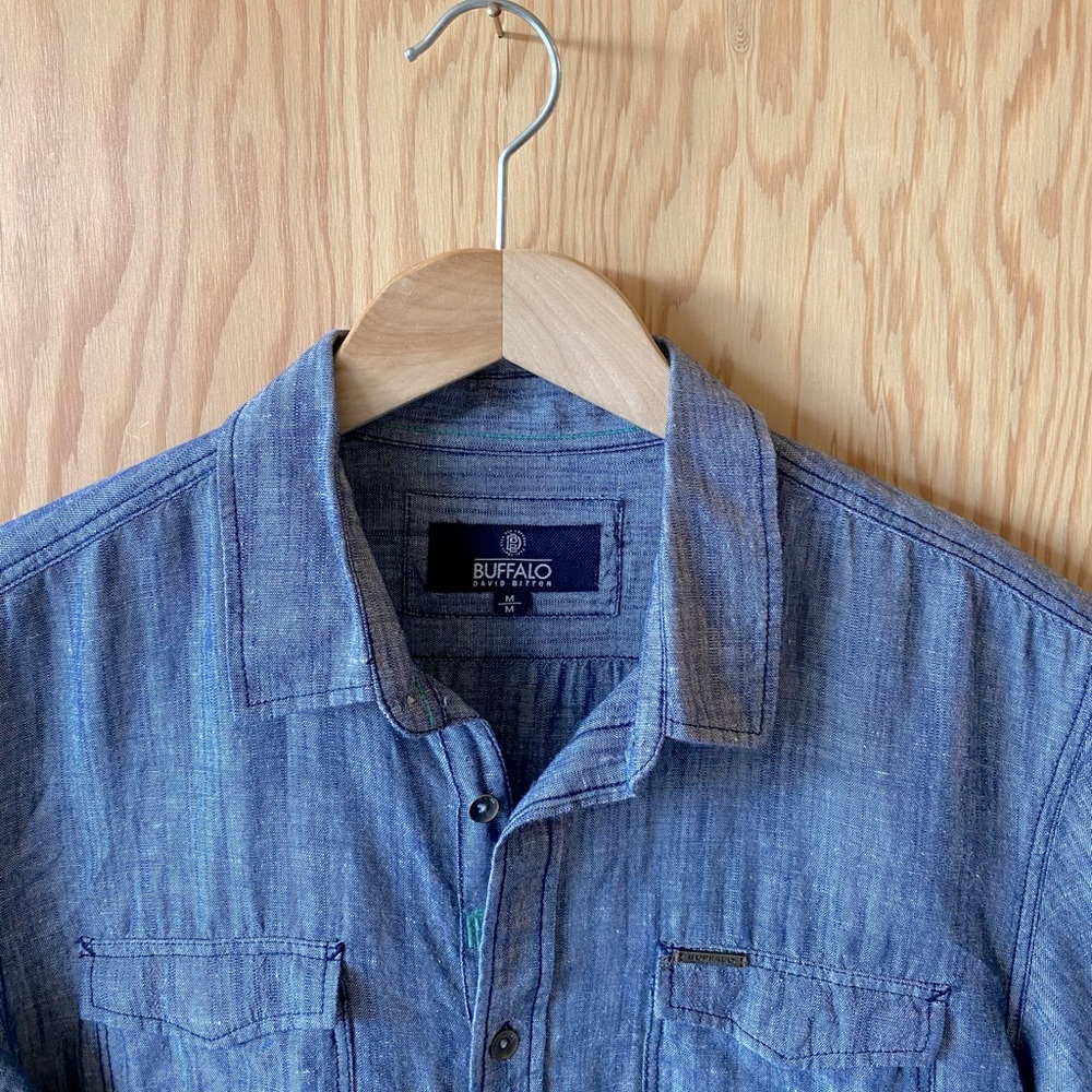 Buffalo David Bitton Blue Linen Cotton Short Sleeve Shirt – Men's Medium